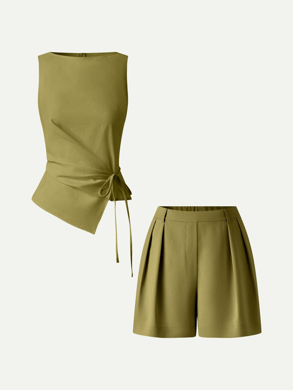 Set 2 Pezzi: Top Collo a Barchetta Cintato e Shorts Sartoriali con Tasche