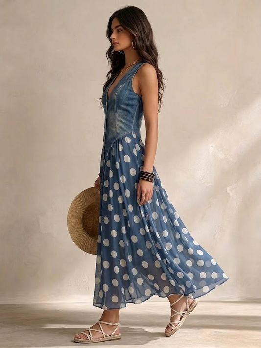 Brenda | Abito in Denim Elegante con Gonna in Chiffon a Pois
