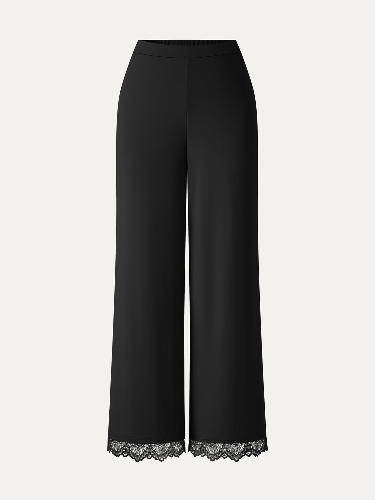 Lace Trim Draped Mid Rise Wide Leg Pants with Pockets