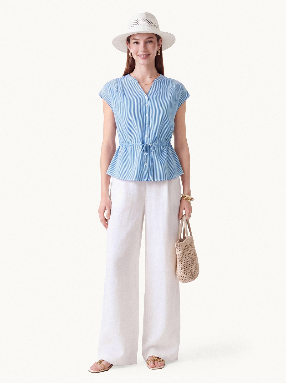 Camicia in Popeline a Collo a V con Coulisse