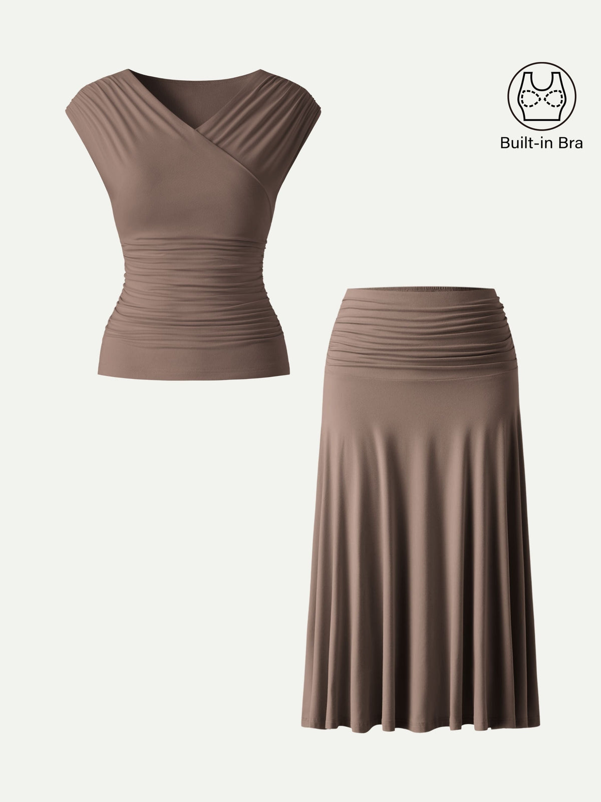 2Pcs Set Surplice V-Neck Bra Top & Side Ruched A-line Midi Skirt