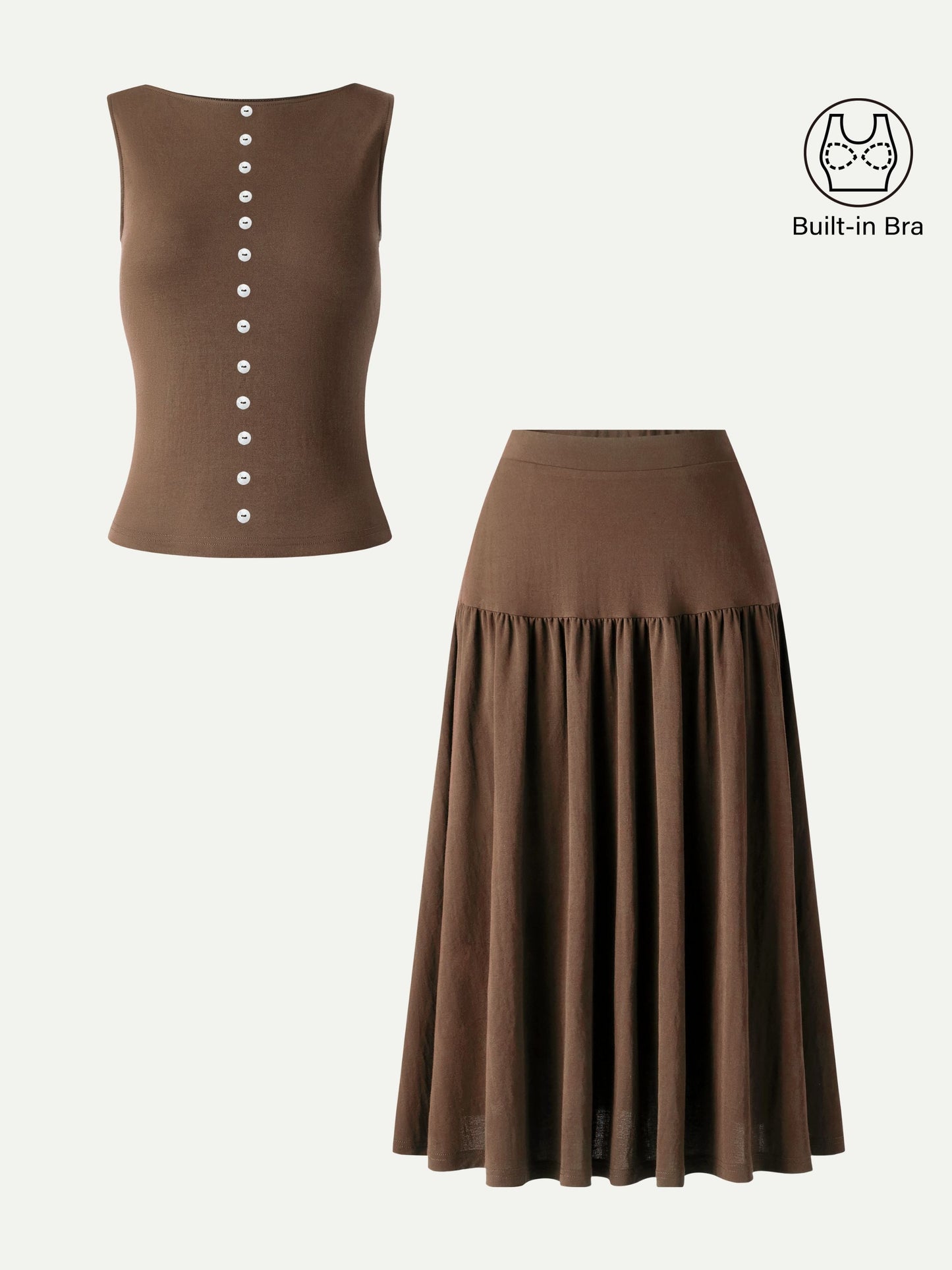 2Pcs Set Cropped Bra Top & Midi Skirt with Pockets