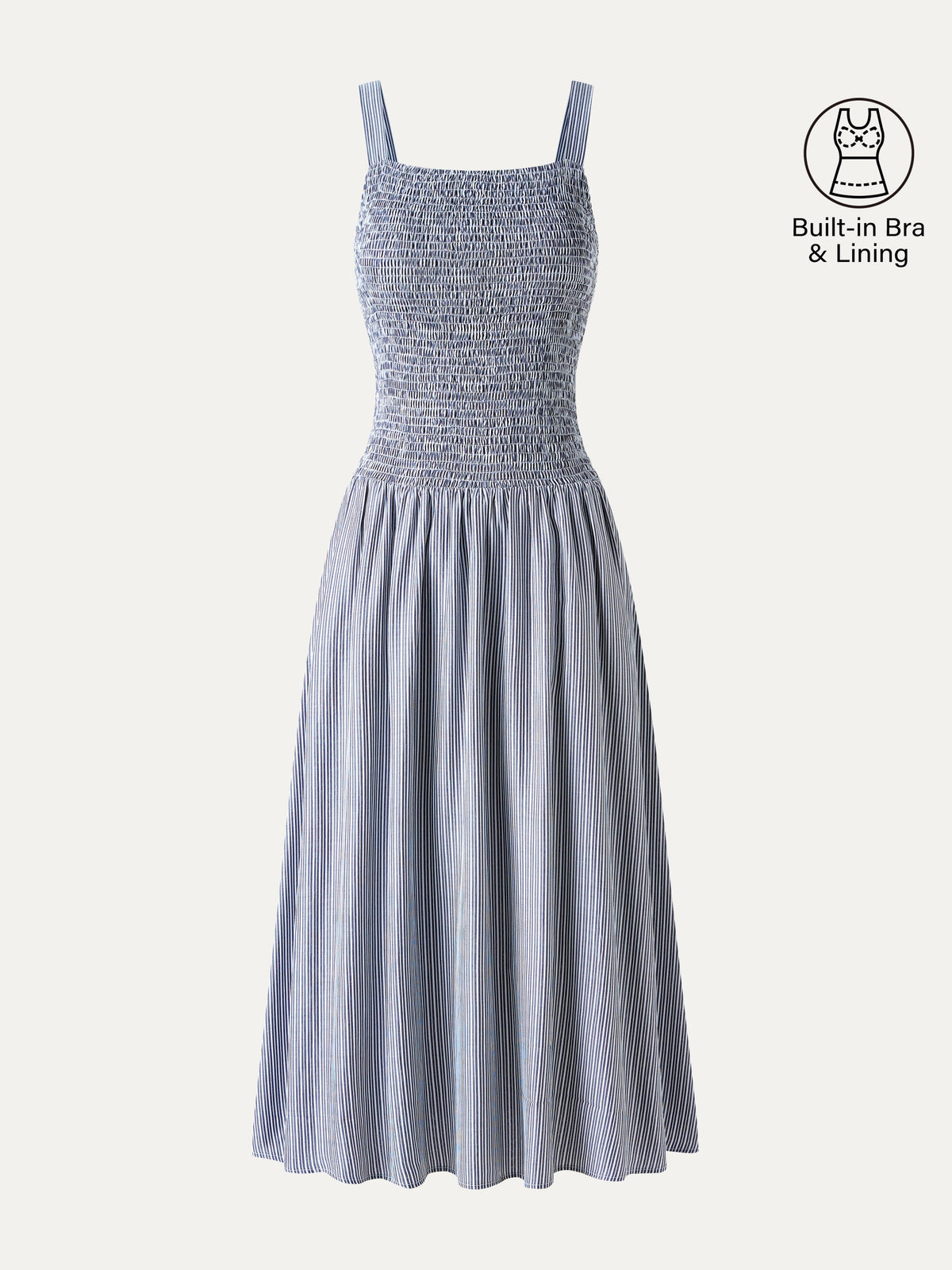 Abito Midi a Righe con Collo Quadrato Smock