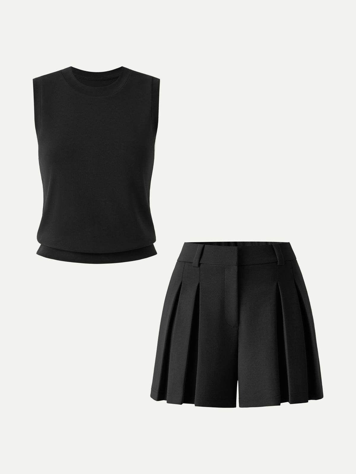 Set 2 Pezzi: Top Girocollo e Shorts Plissettati a Vita Alta