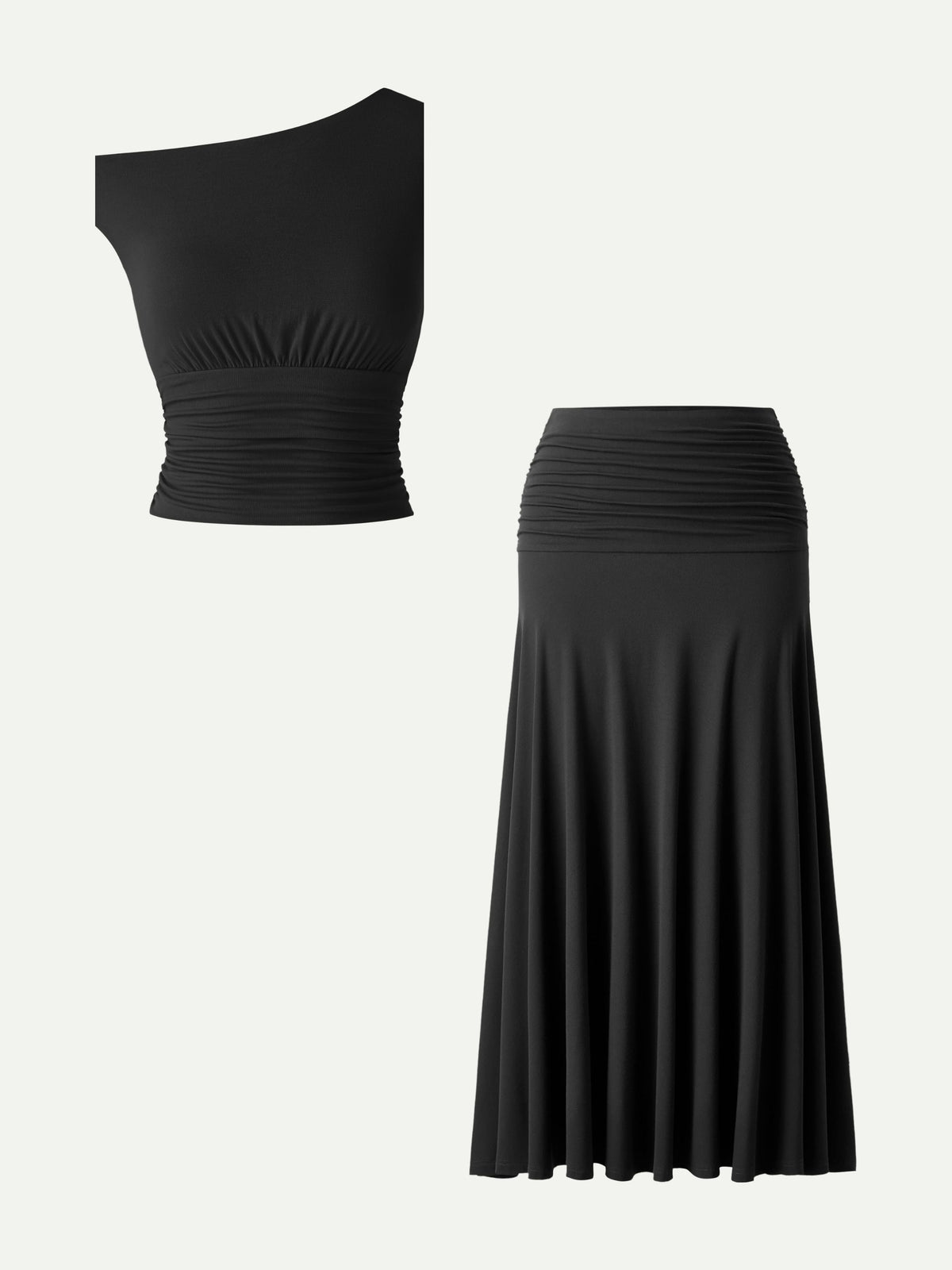 2Pcs Set Cropped Ruched Bra Top& A-line Ruched Maxi Skirt