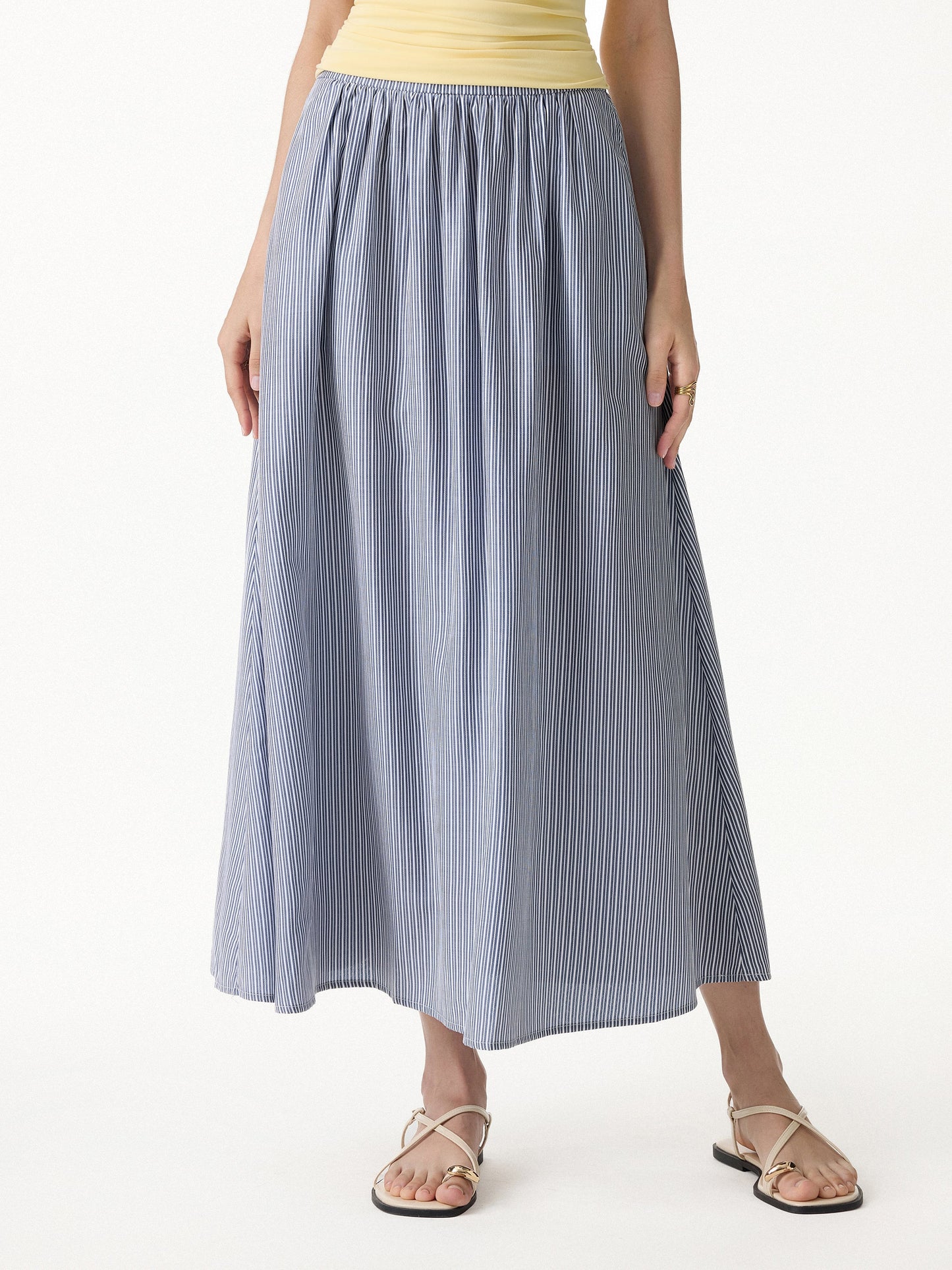 Striped Poplin High Rise Umbrella Midi Skirt with Pockets