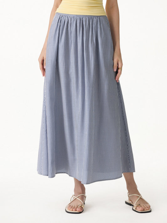 Striped Poplin High Rise Umbrella Midi Skirt with Pockets