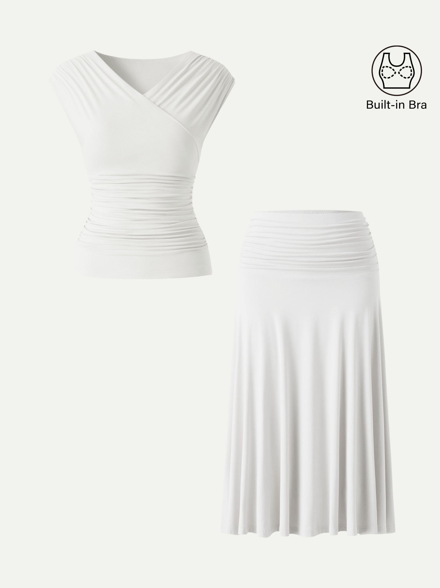 2Pcs Set Surplice V-Neck Bra Top & Side Ruched A-line Midi Skirt