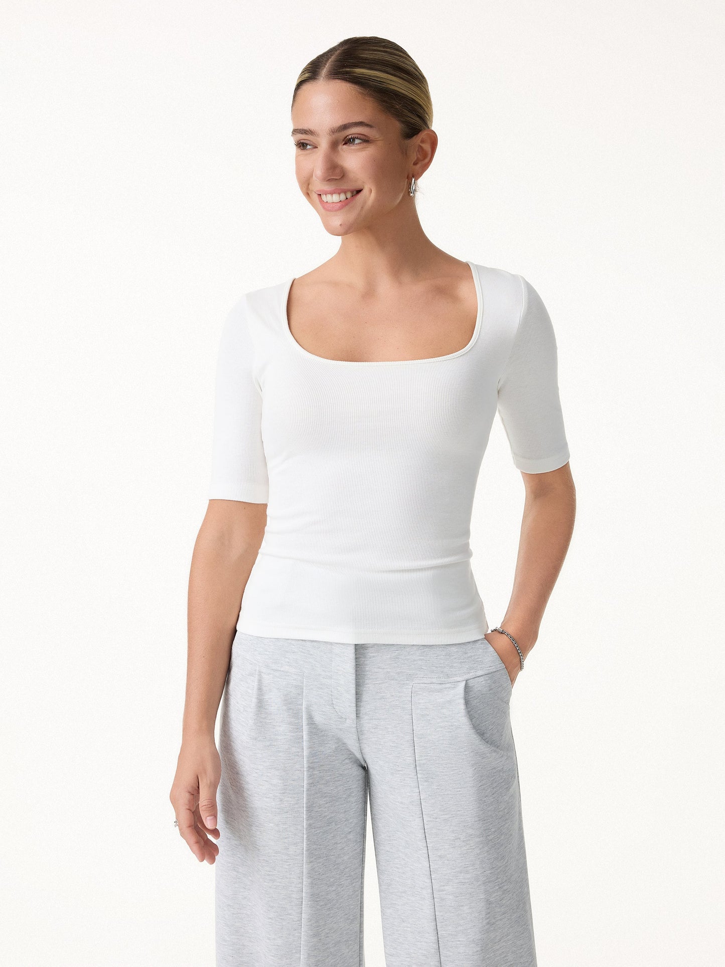 Top Essenziale in Cotone Elasticizzato a Collo Quadrato