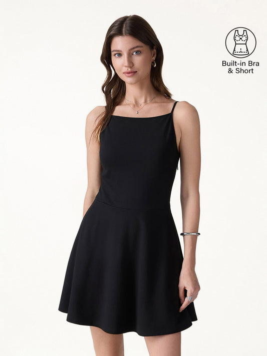 Stretch Ponte Square Neck Mini  A-Line Bra Dress with Pockets