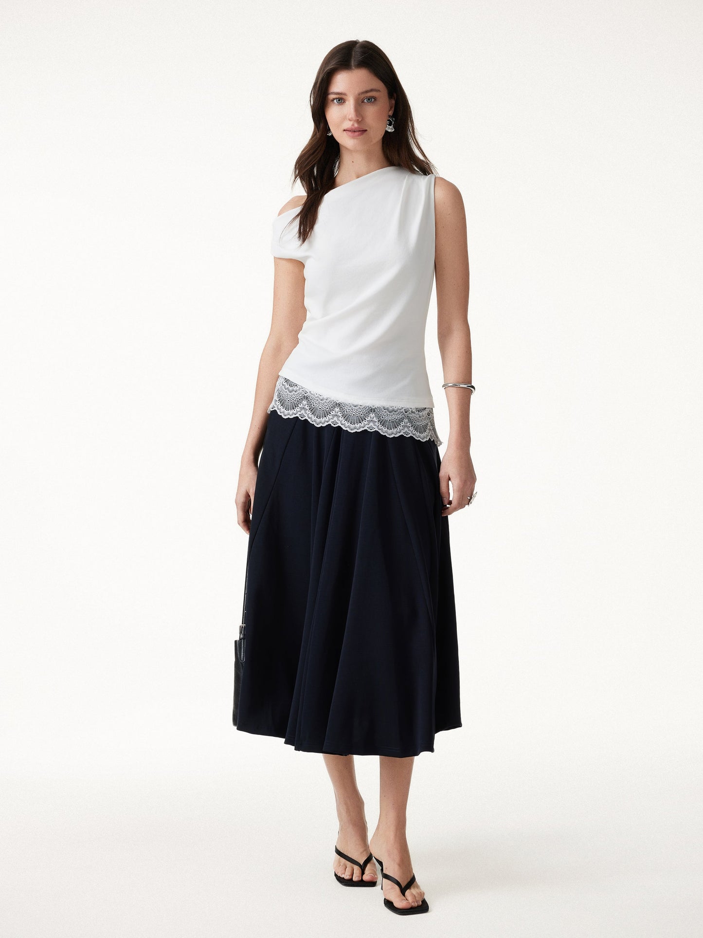Lace Trim Cotton Lyocell Asymmetrical Shoulder Top