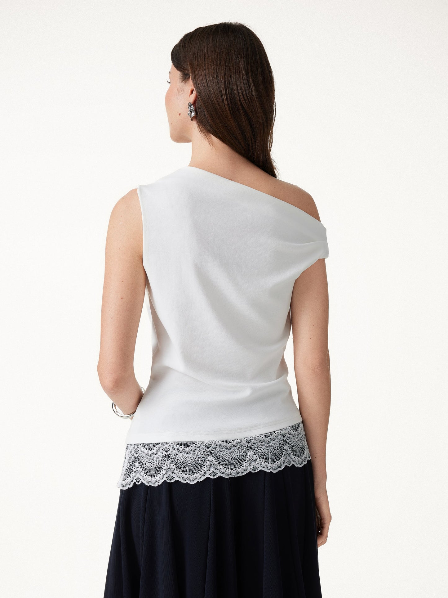 Lace Trim Cotton Lyocell Asymmetrical Shoulder Top