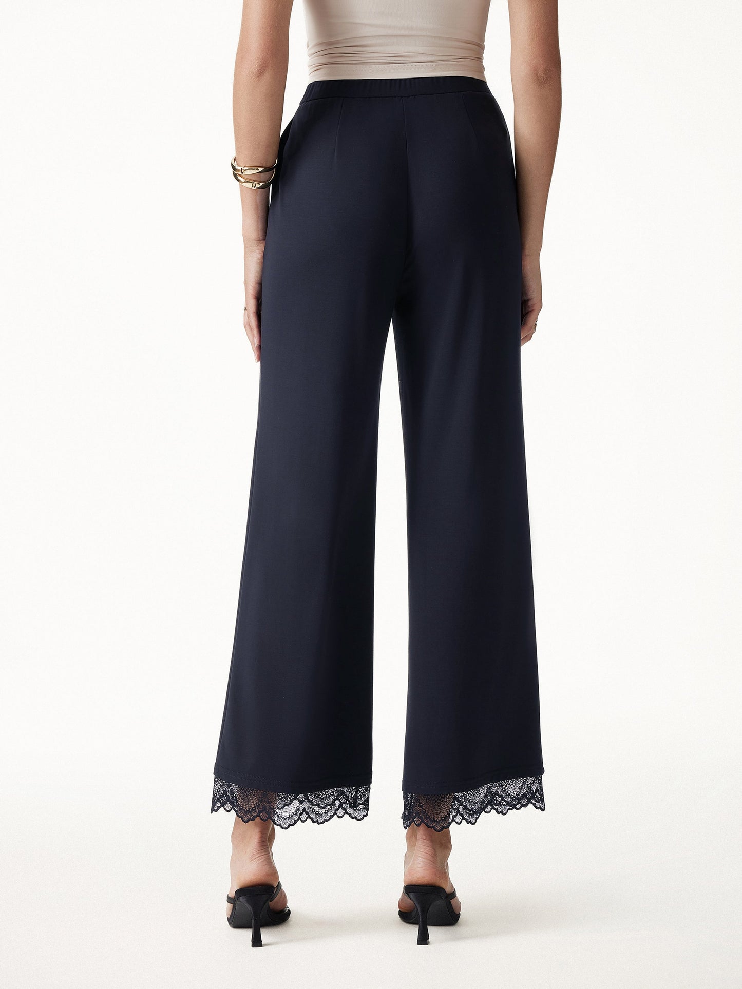 Lace Trim Draped Mid Rise Wide Leg Pants with Pockets