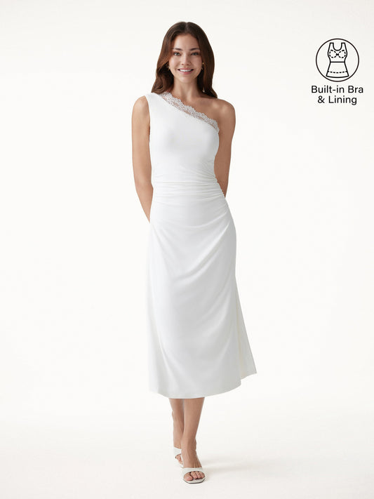 Lace Trim One Shoulder Ruched Bra Dress