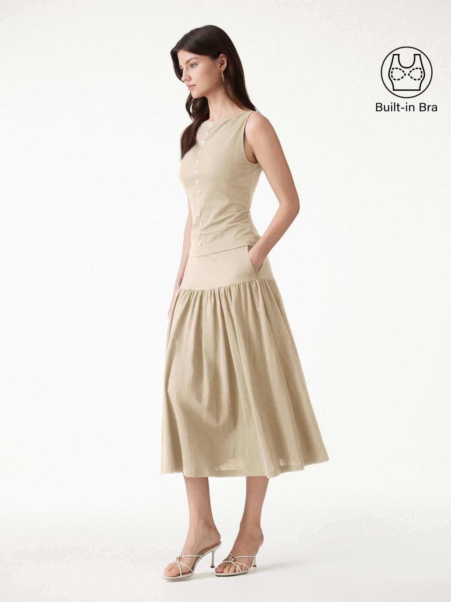 2Pcs Set Cropped Bra Top & Midi Skirt with Pockets