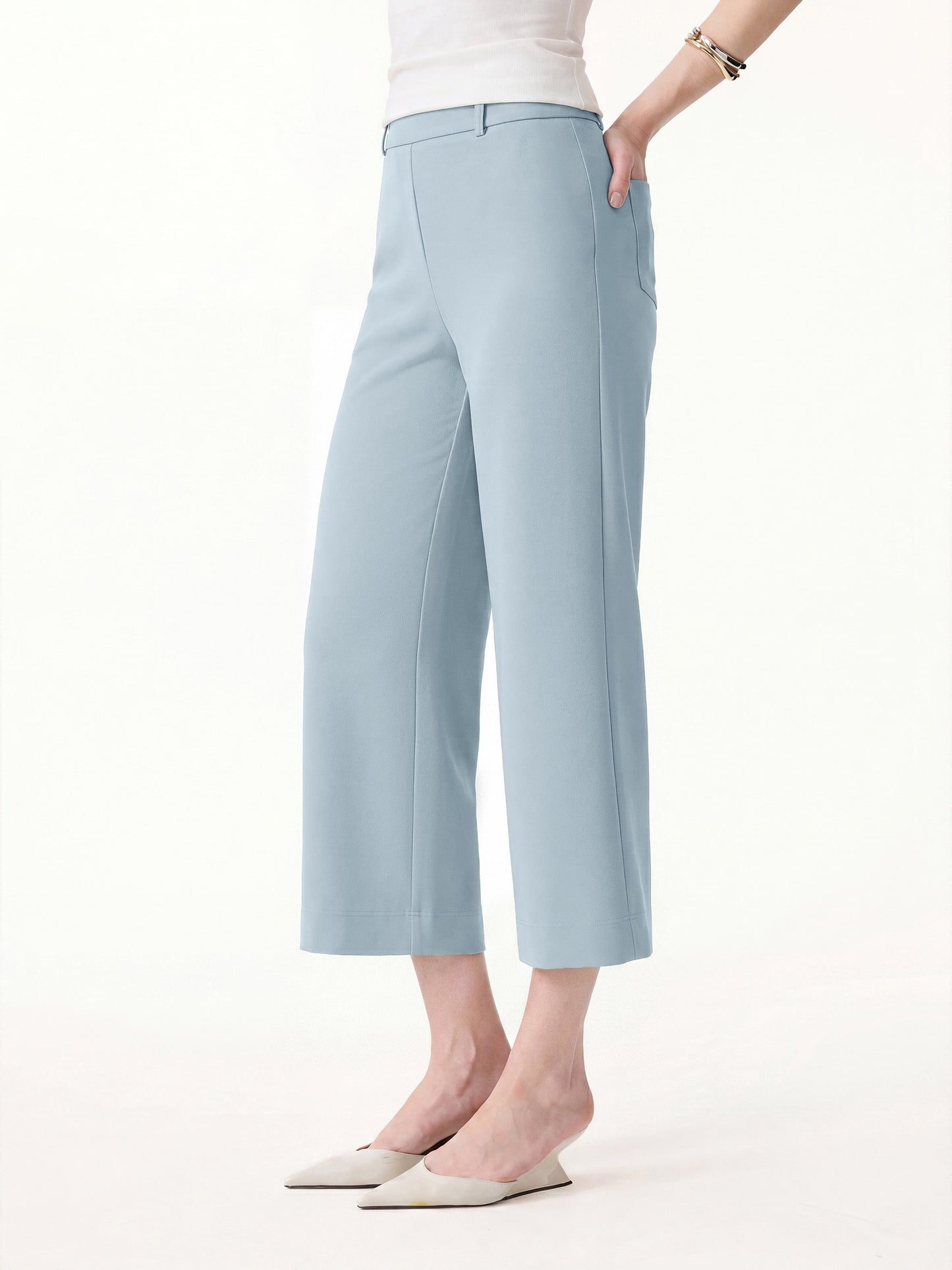Not-See-Thru Mid Rise Cropped Wide Leg Pants with Pockets