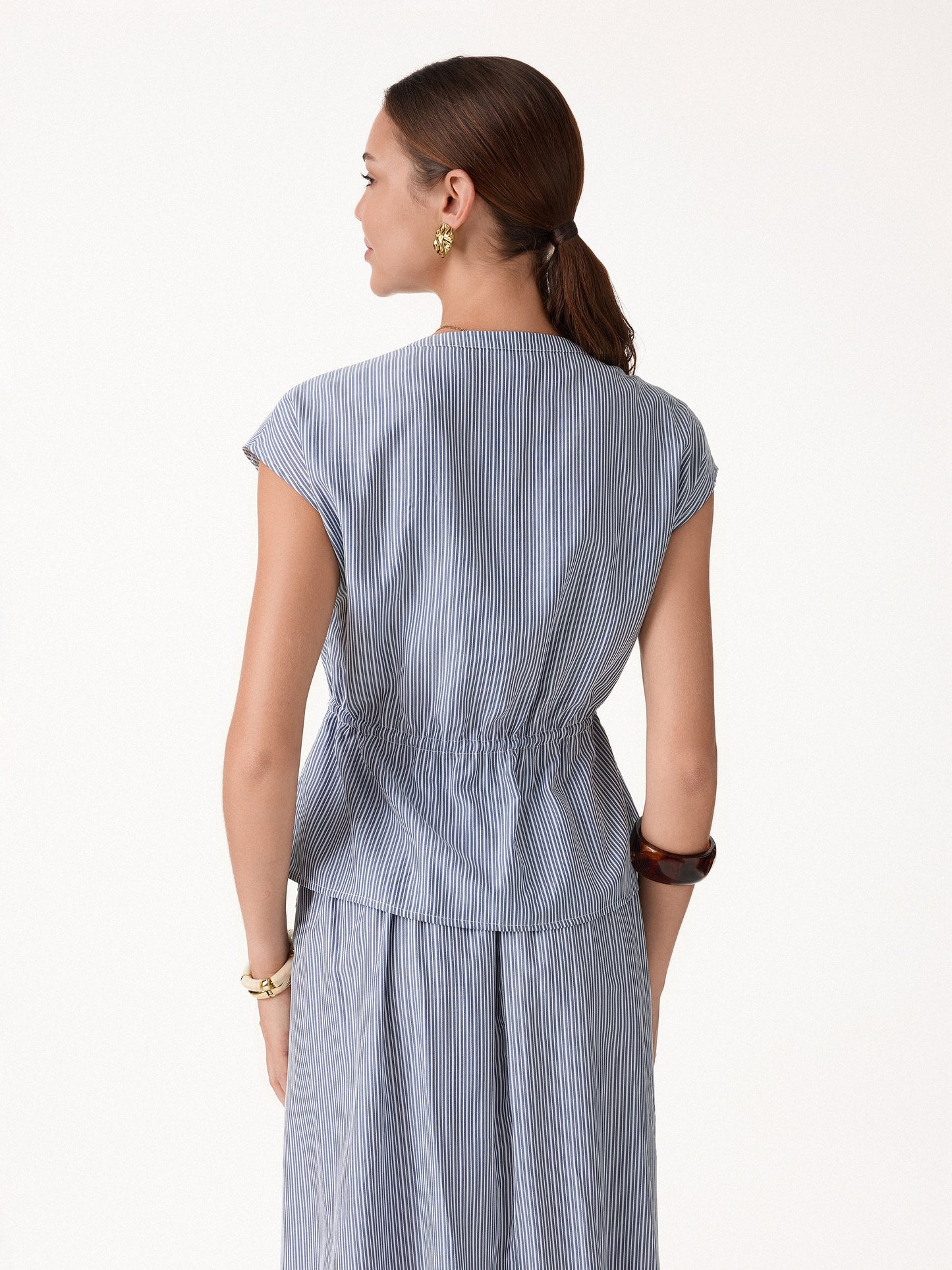 Camicia in Popeline a Collo a V con Coulisse
