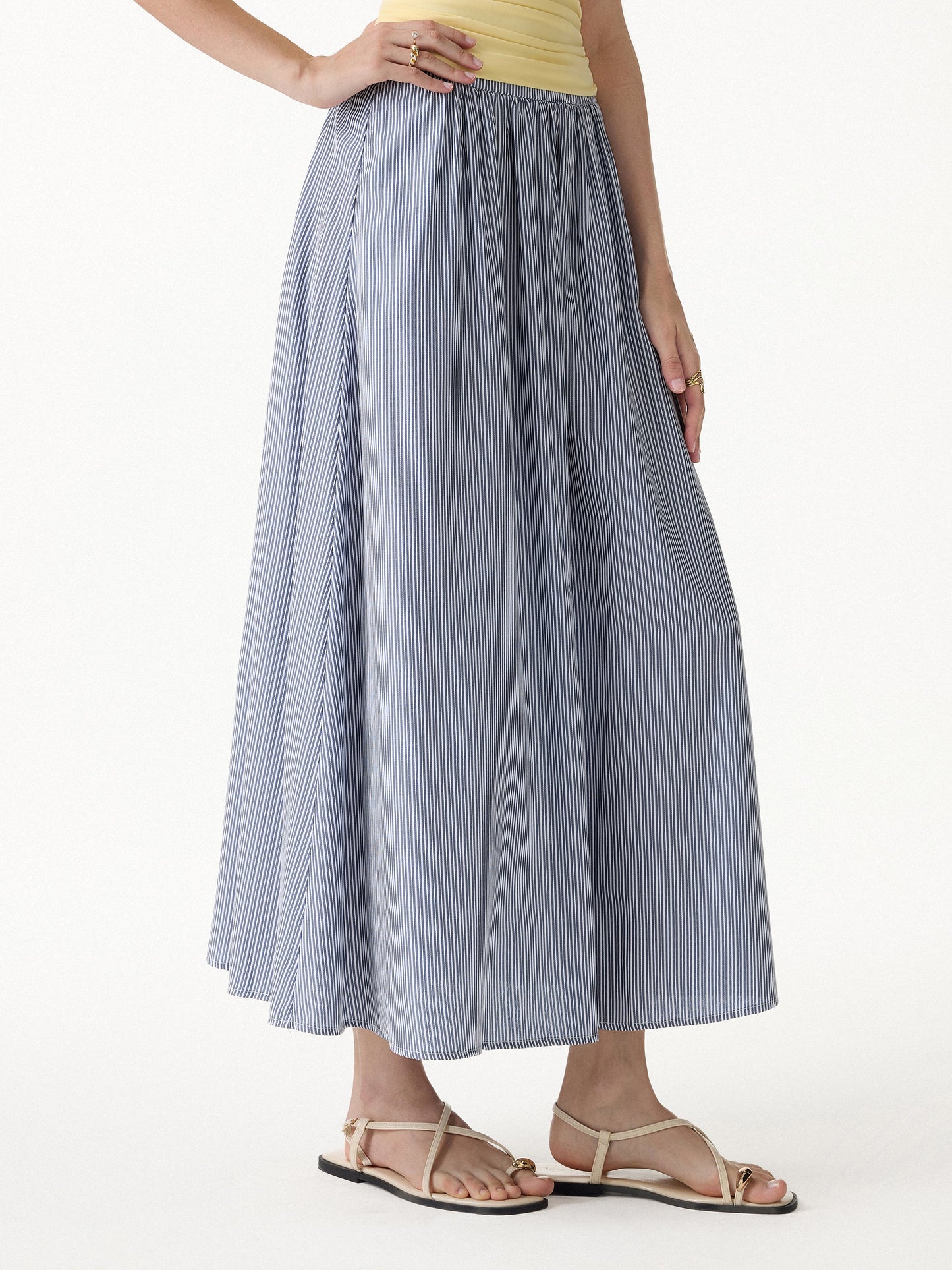 Striped Poplin High Rise Umbrella Midi Skirt with Pockets