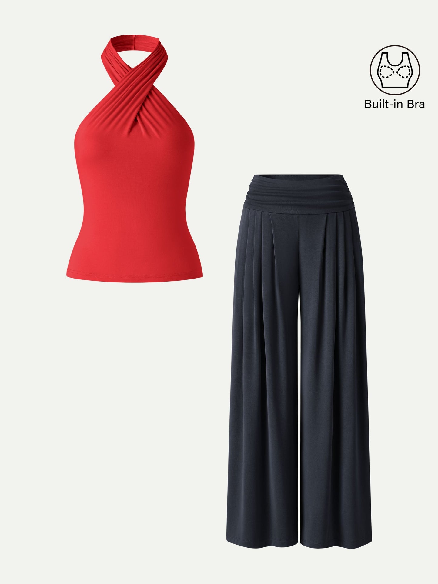 2Pcs Set Criss Cross Bra Top & Tucked Palazzo Pants with Pockets