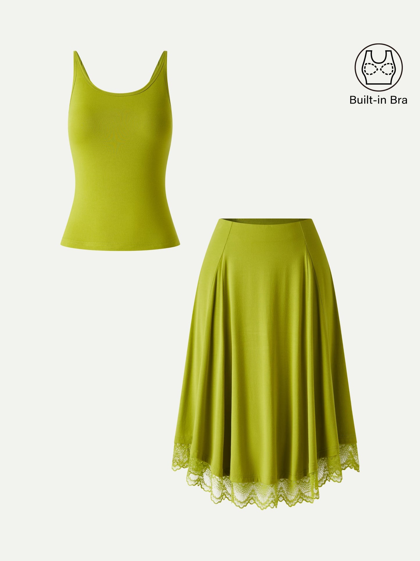 2Pcs Set Scoop Neck Bra Top & Lace Trim Midi Circle Flare Skirt