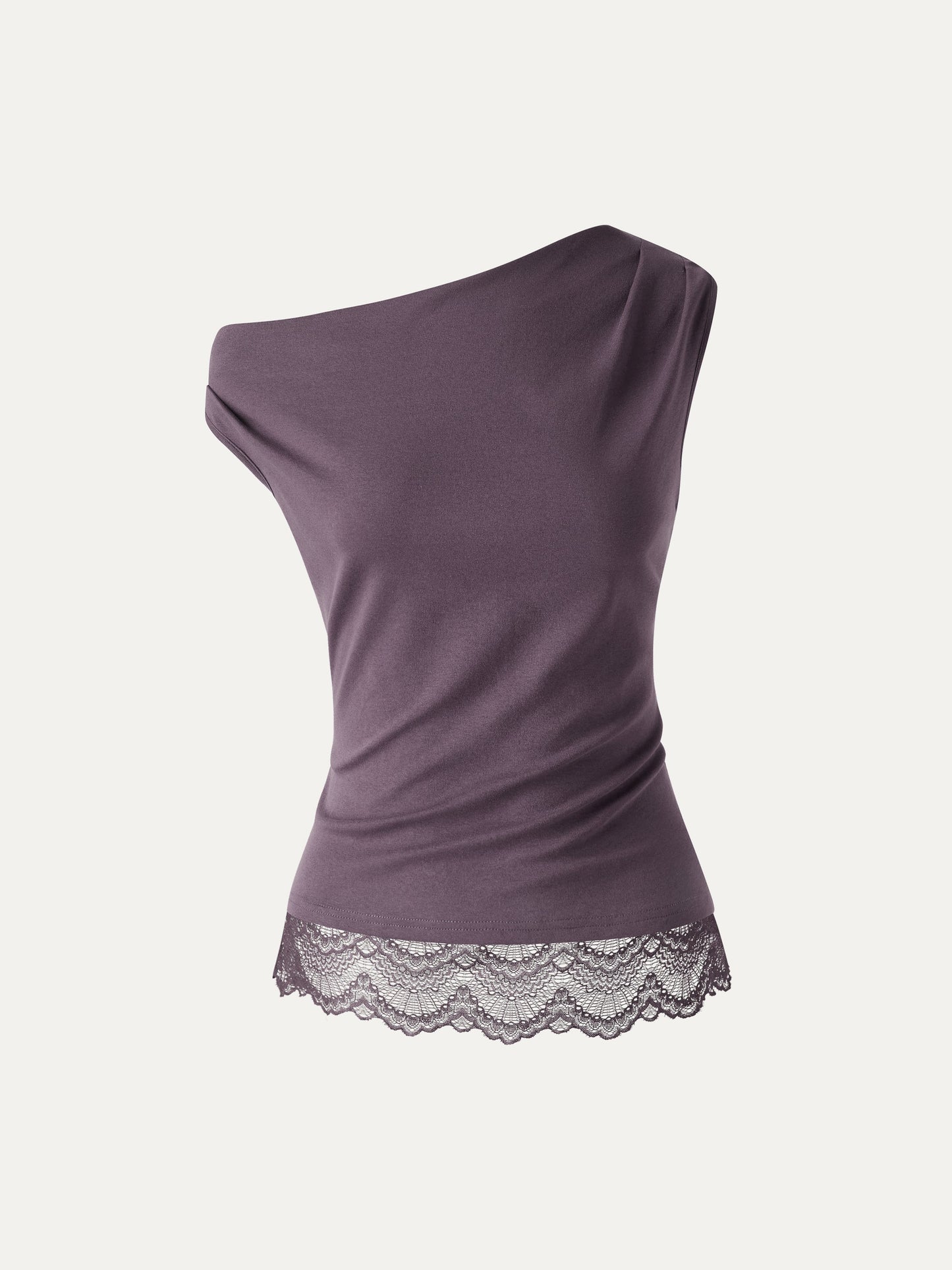 Lace Trim Cotton Lyocell Asymmetrical Shoulder Top
