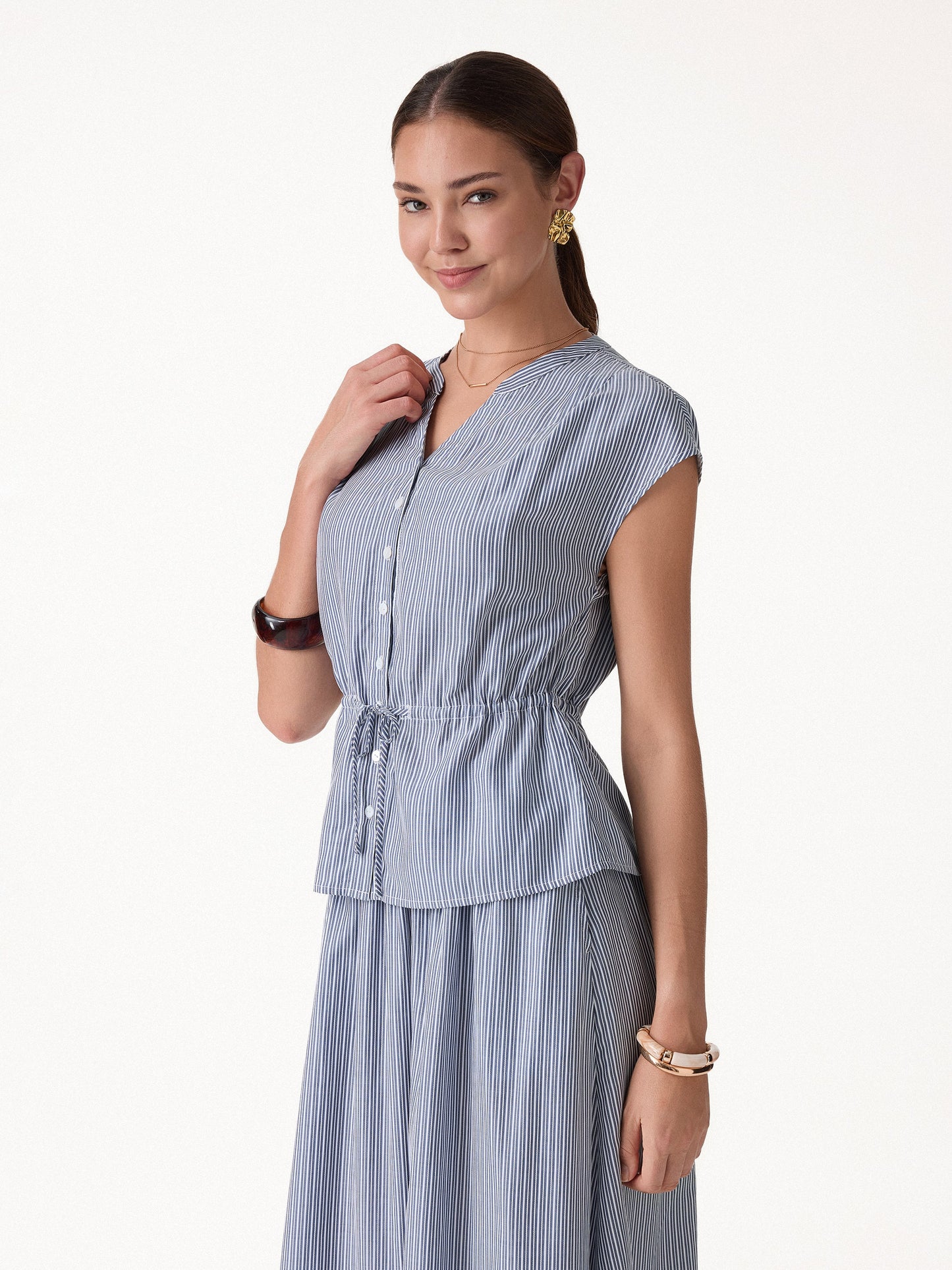 Camicia in Popeline a Collo a V con Coulisse