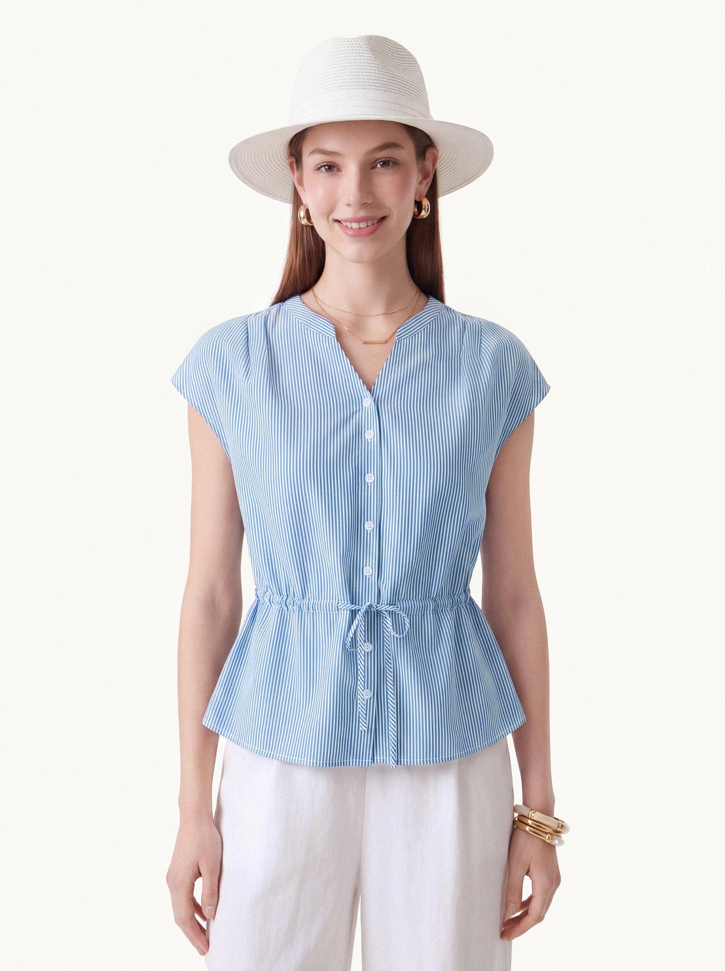 Camicia in Popeline a Collo a V con Coulisse