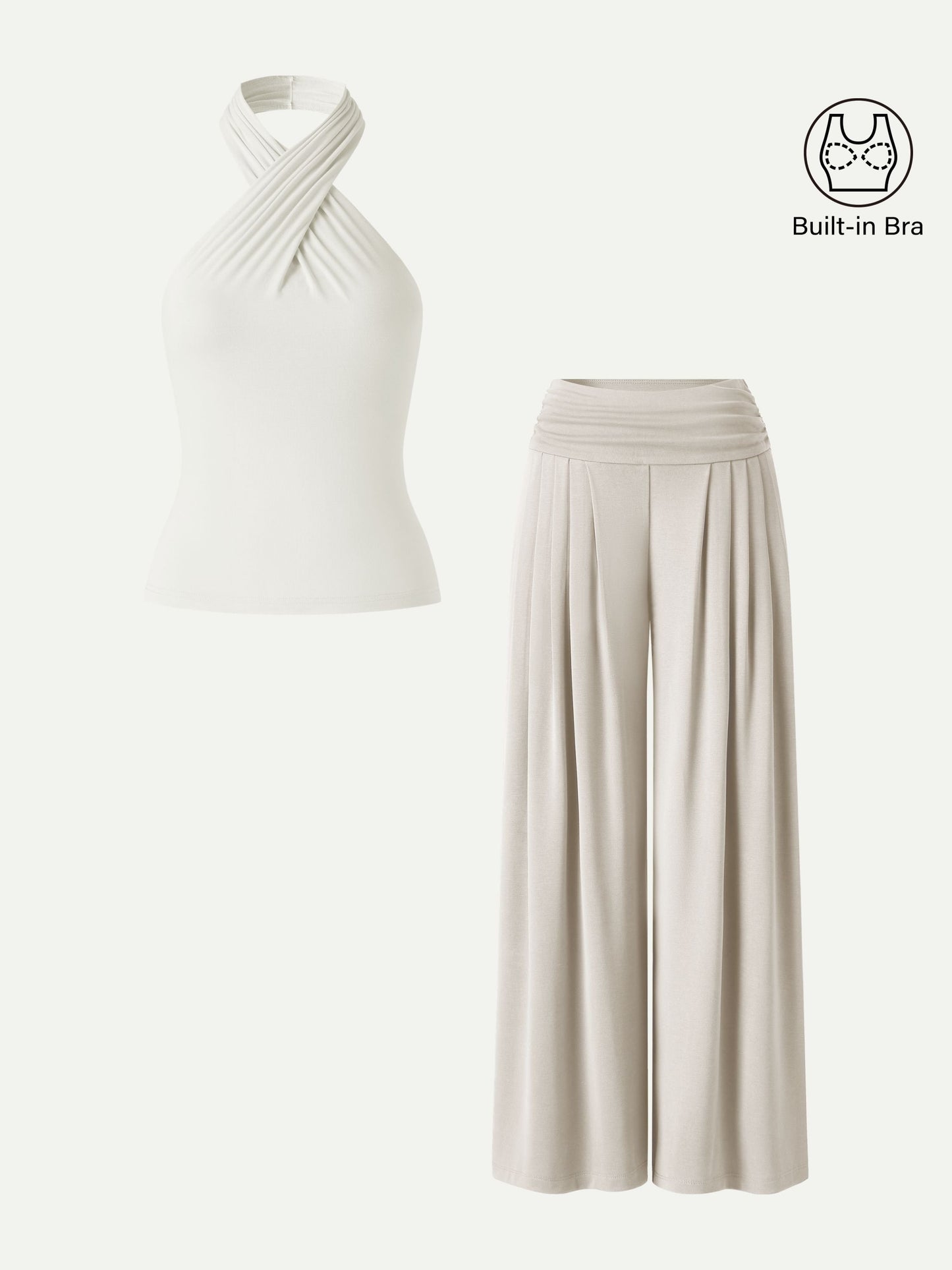 2Pcs Set Criss Cross Bra Top & Tucked Palazzo Pants with Pockets