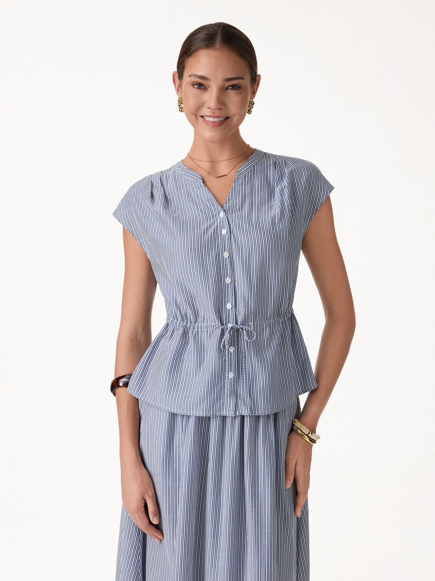 Camicia in Popeline a Collo a V con Coulisse