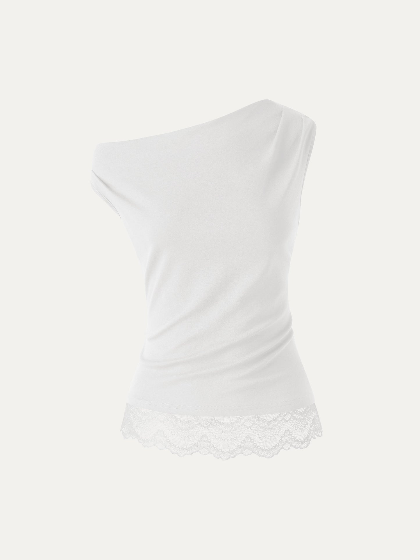 Lace Trim Cotton Lyocell Asymmetrical Shoulder Top