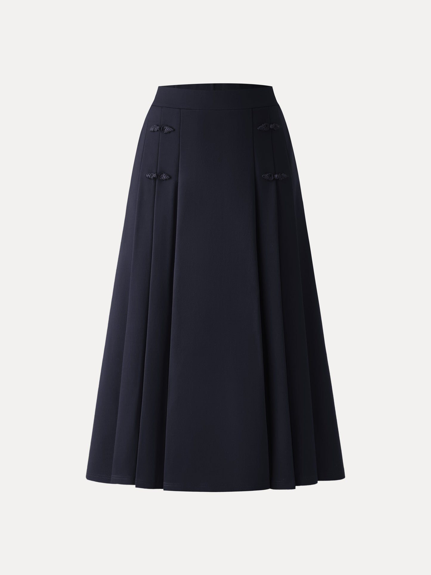 Pleated Frog Button Decor Midi A-line Skirt Limited Edition