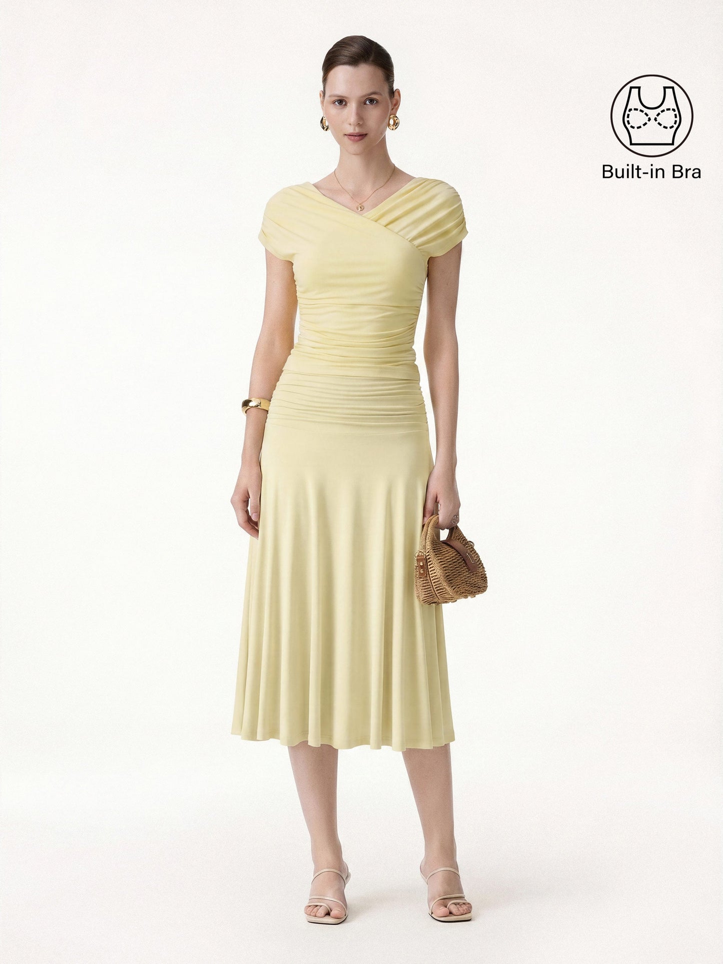 2Pcs Set Surplice V-Neck Bra Top & Side Ruched A-line Midi Skirt