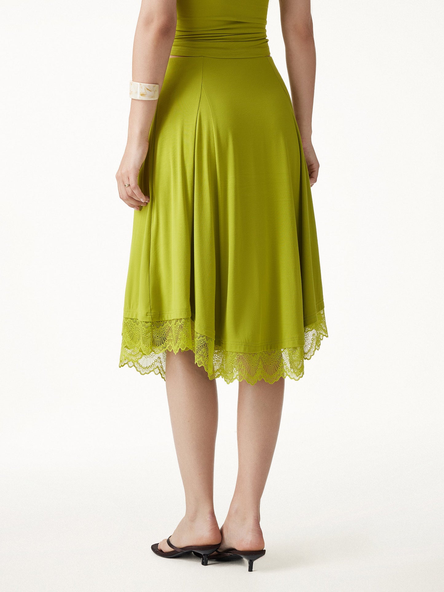Lace Trim Midi Circle Flare Skirt
