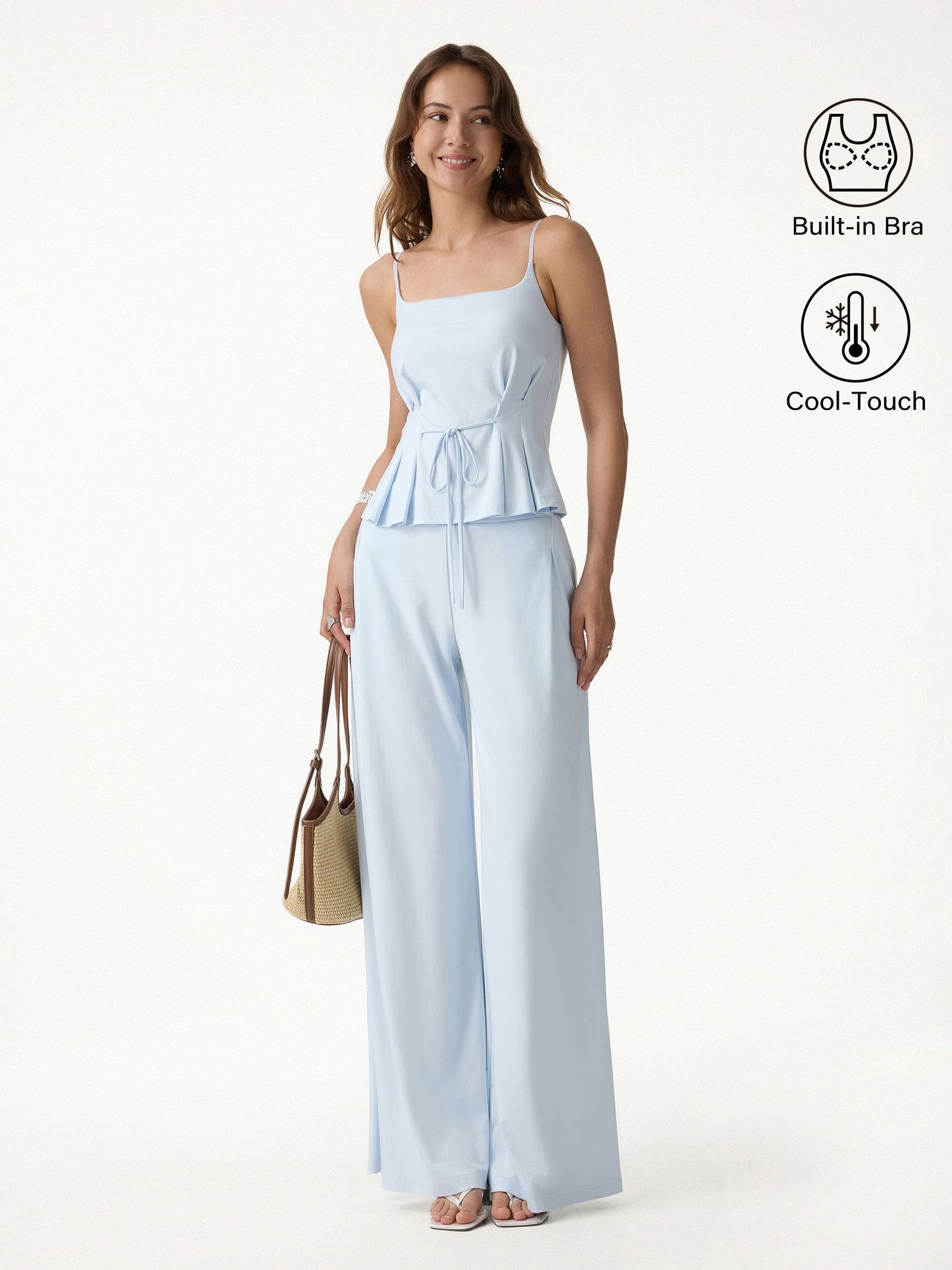 2Pcs Set Spaghetti Bra Top & Wide Leg Pants with Pockets