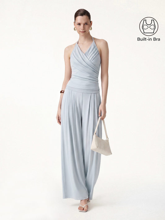 2Pcs Set Halter Neck Surplice Bra Top & Tucked Palazzo Pant with Pockets
