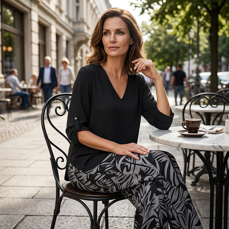 Leire | Completo Donna Blusa con Scollo a V e Pantaloni Stampati a Gamba Larga
