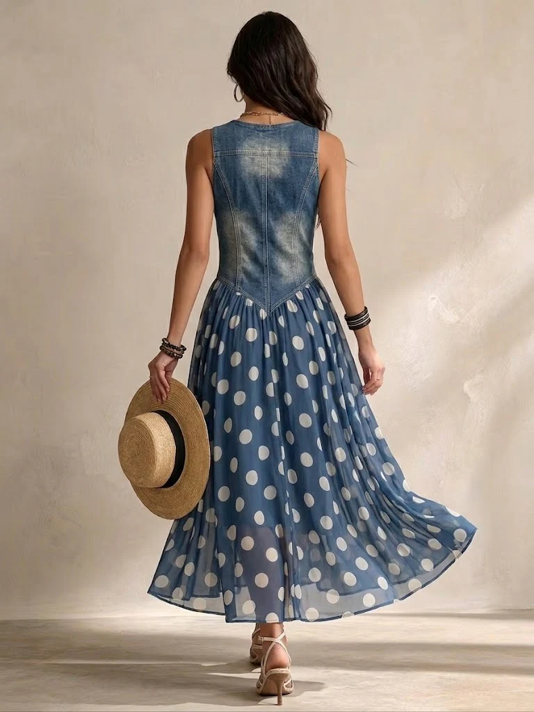 Brenda | Abito in Denim Elegante con Gonna in Chiffon a Pois