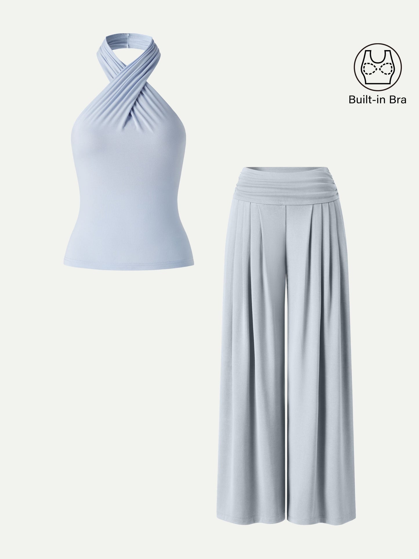 2Pcs Set Criss Cross Bra Top & Tucked Palazzo Pants with Pockets