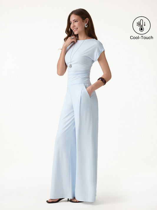 2Pcs Set Round Neck Ruched Tee & Mid Rise Wide Leg Pants