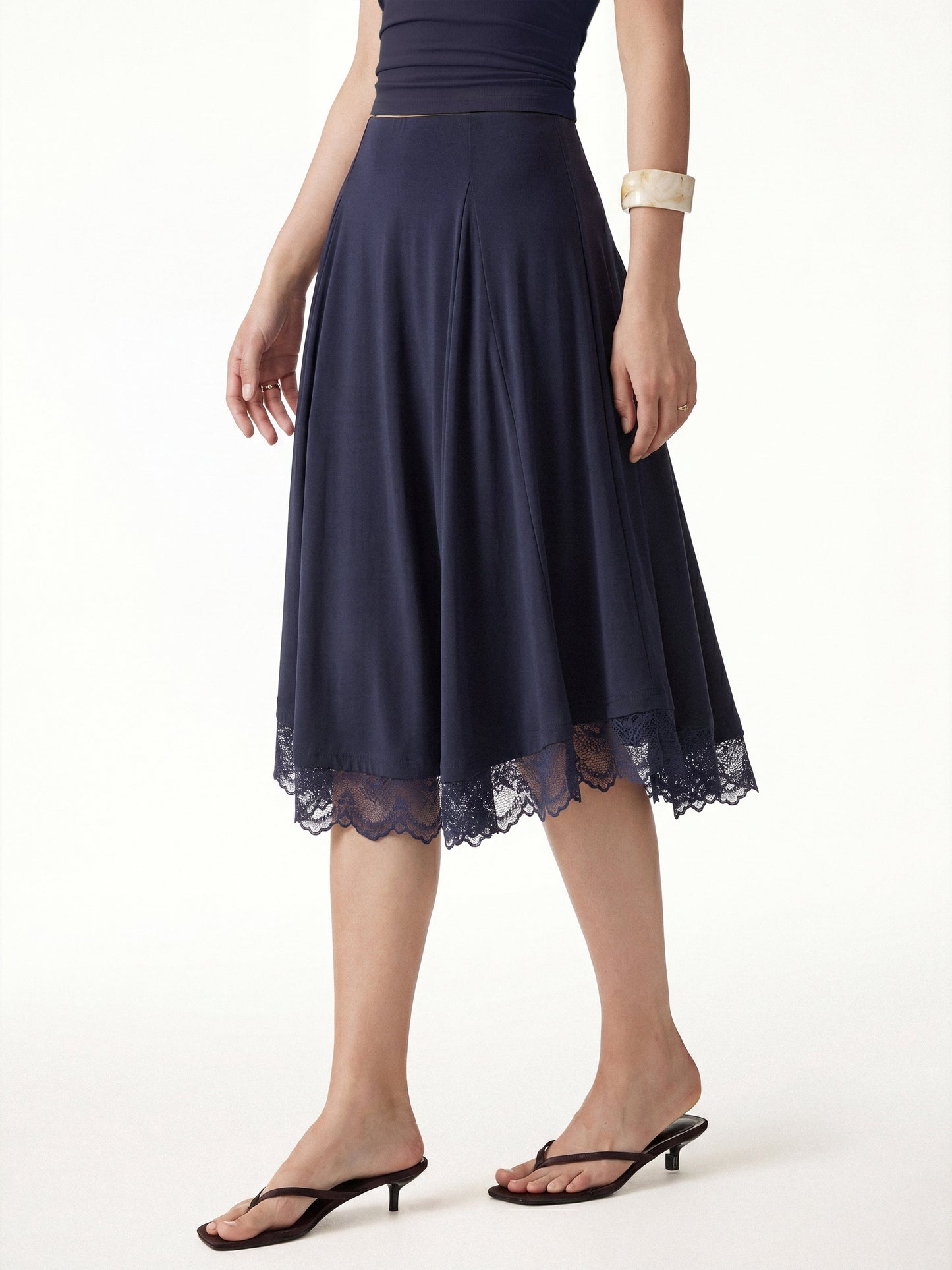 Lace Trim Midi Circle Flare Skirt
