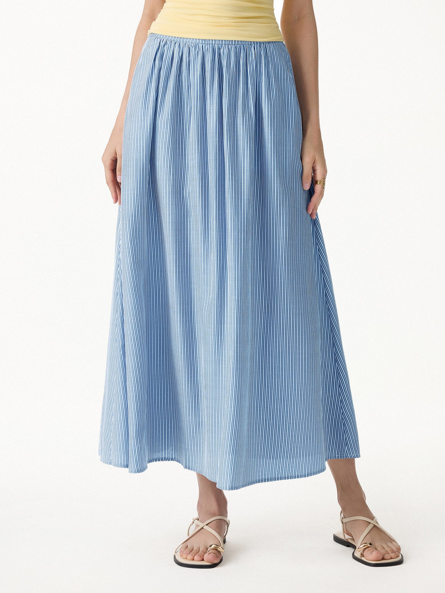 Striped Poplin High Rise Umbrella Midi Skirt with Pockets