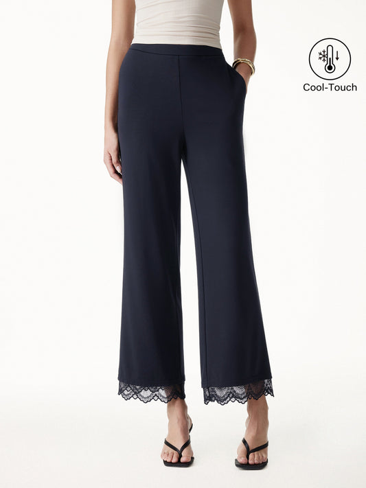 Lace Trim Draped Mid Rise Wide Leg Pants with Pockets