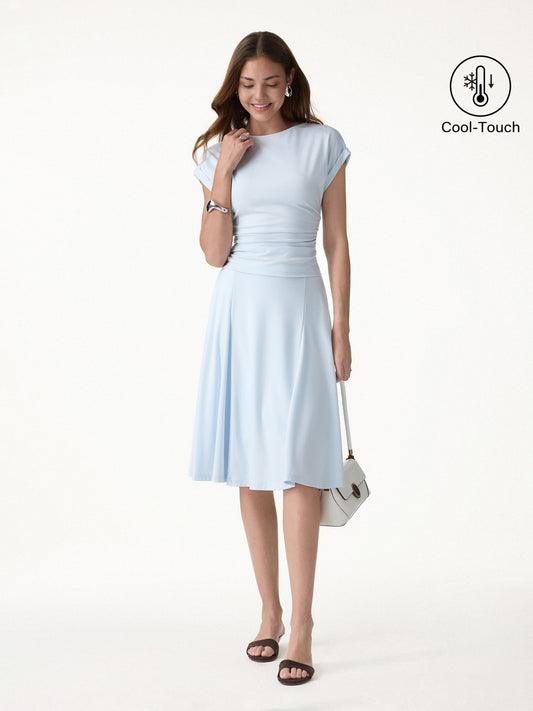 2Pcs Set Round Neck Tee & Midi Skirt with Pockets
