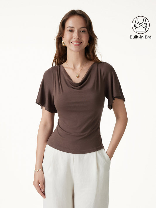 Cowl Neck Flutter Sleeve Bra Top