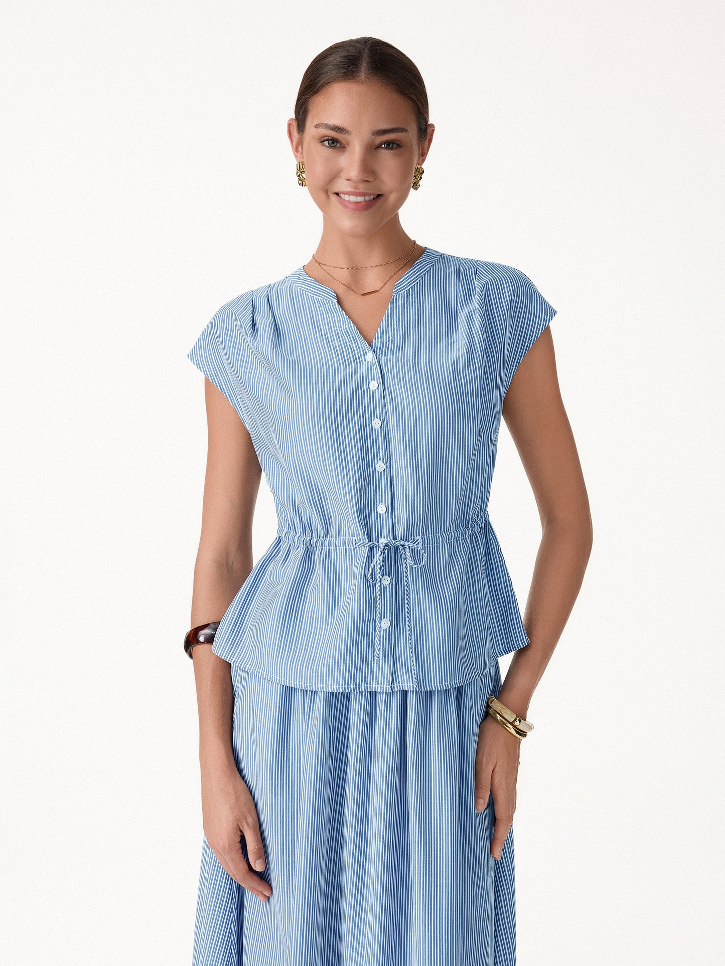 Notched V-Neck Drawstring Waist Poplin Shirt