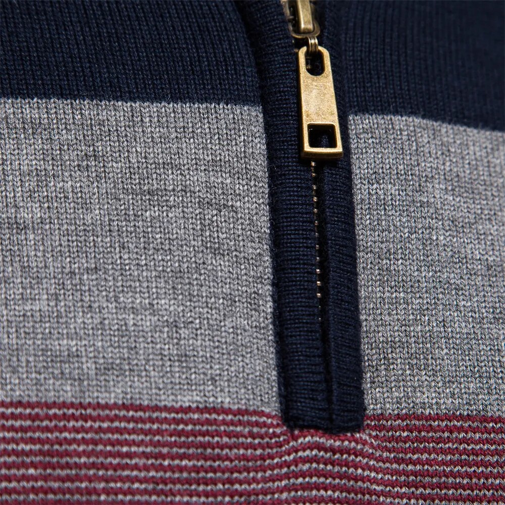 Men’s Half Zip Knitted Sweater - Bold Stripes for Fall/Winter Events