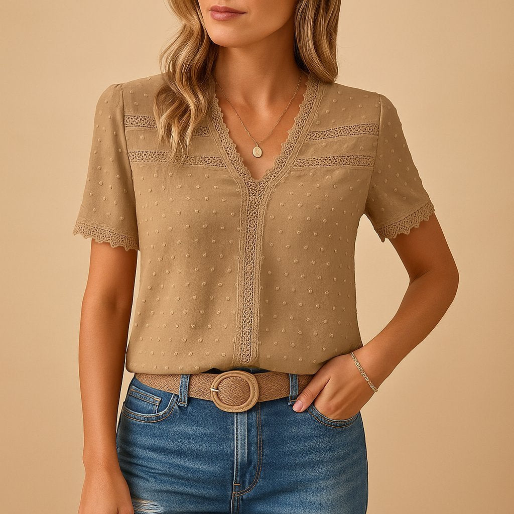 Women's V Neck Top | Lace Trim Textured Dot