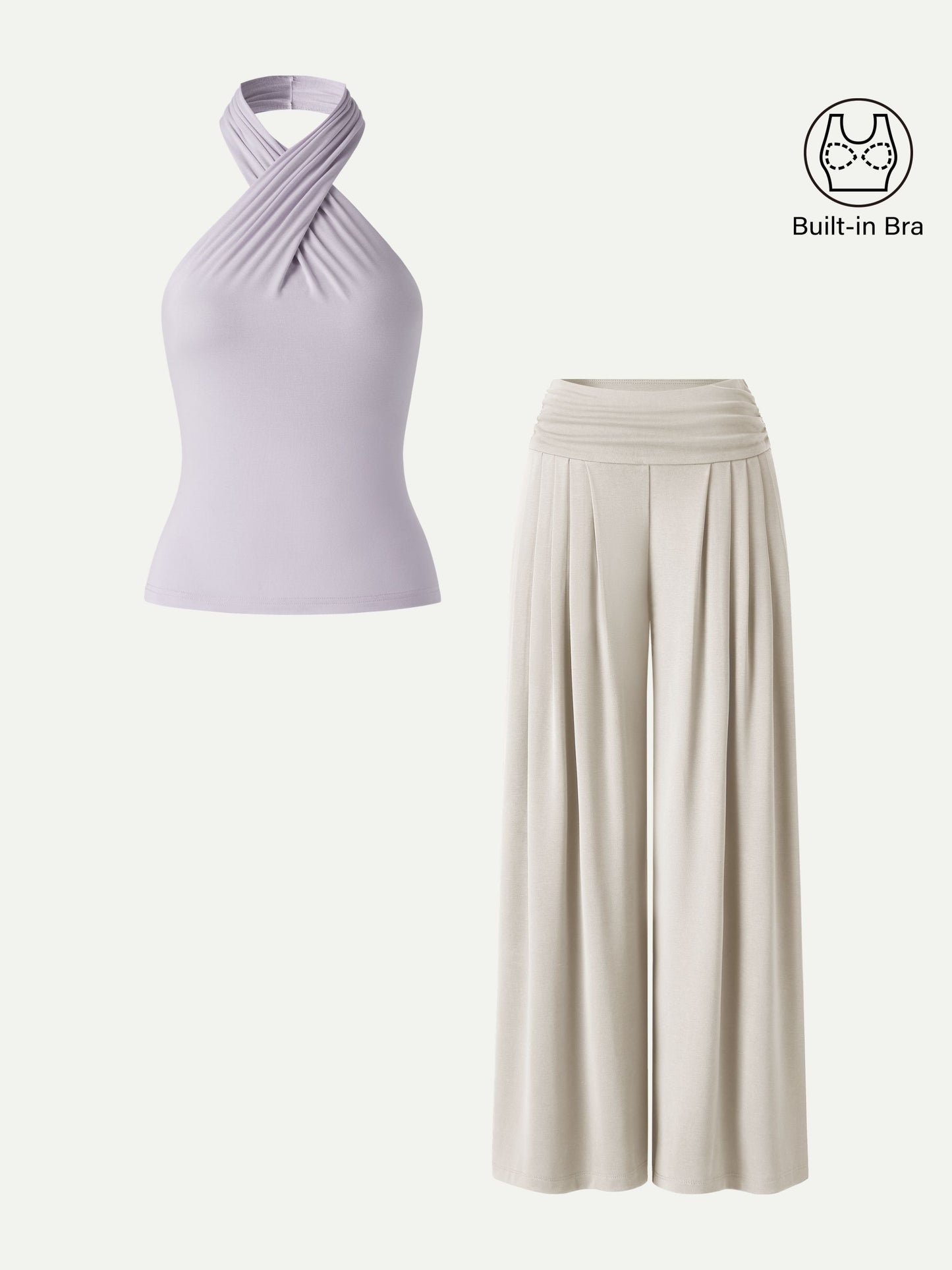 2Pcs Set Criss Cross Bra Top & Tucked Palazzo Pants with Pockets