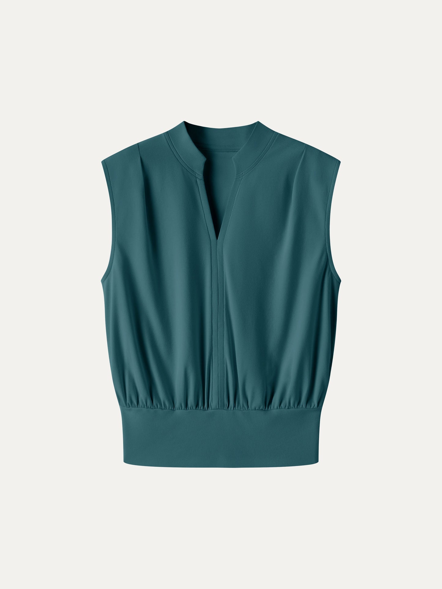 Cotton-Viscose V-neck Stand Collar Sleeveless Top