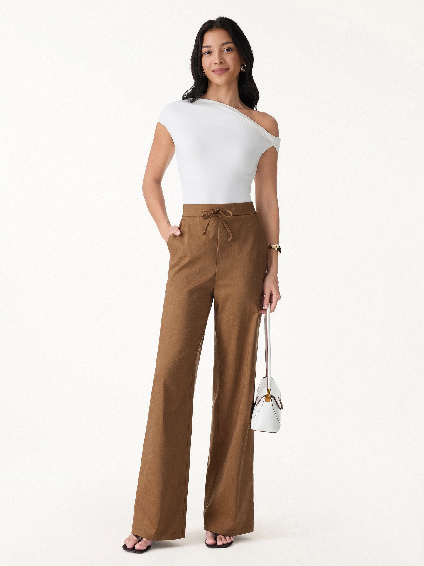 Pantalone a Gamba Larga con Coulisse e Tasche